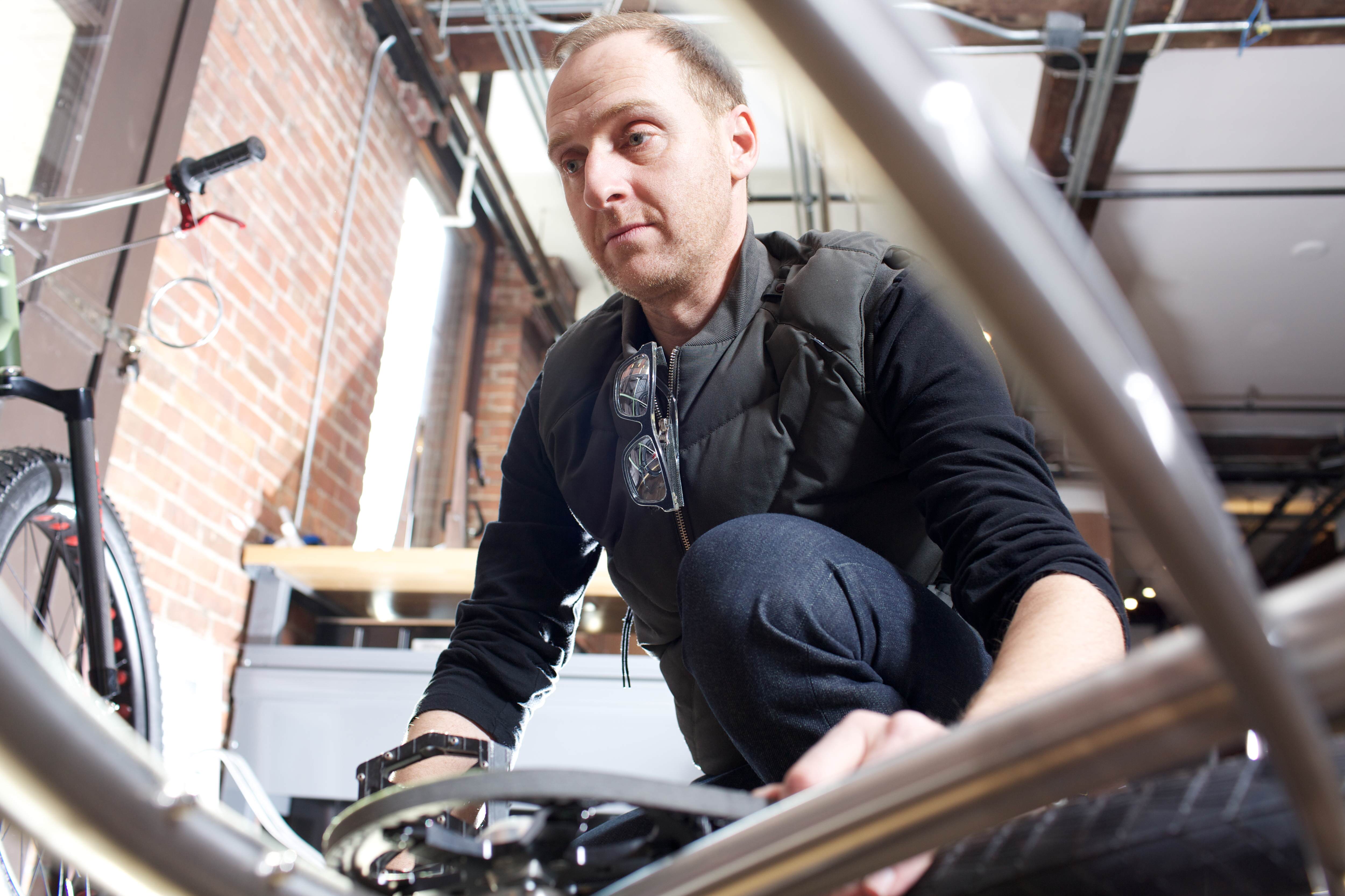 Paul Budnitz wearing Diesel sunglasses, bicycles, Vermont, Burlington, portraits, reportage