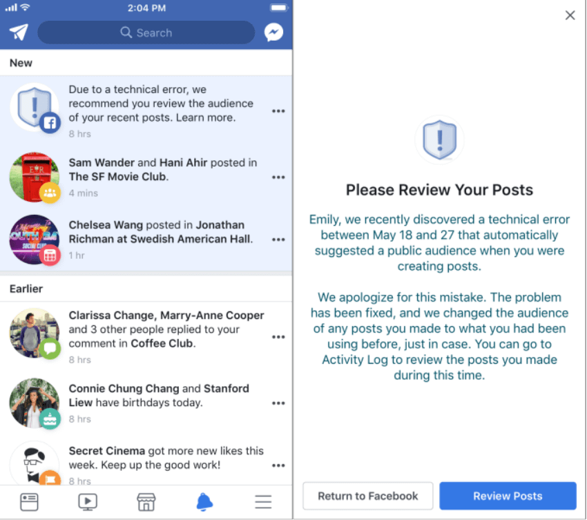 Facebook: private posts of 14 million users made public